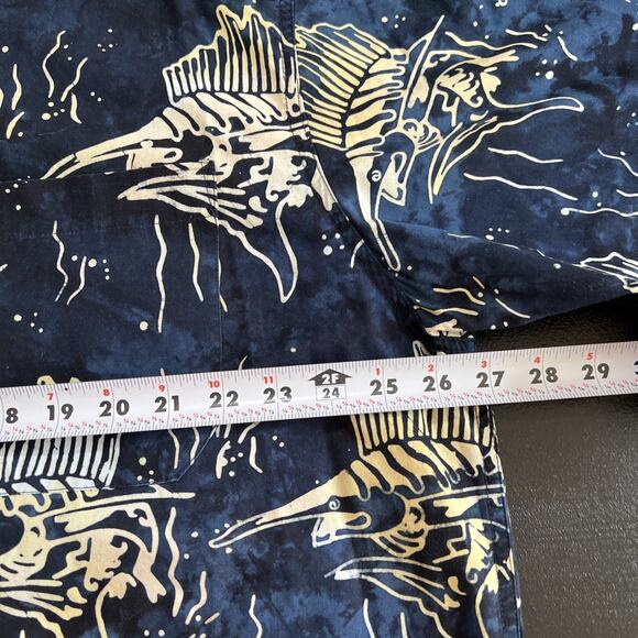 Fishtech Shirt Mens XLT Navy Fish Print Hawaiian Batik Cotton Beach Coastal Dad - Picture 11 of 12